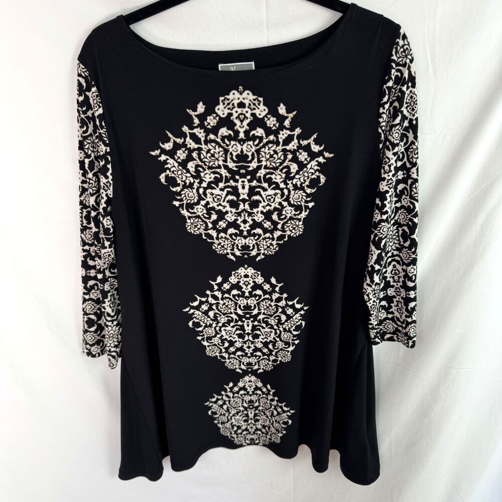 JM Collection Women's Tunic Top Size Large Black & White Print 3/4 Sleeves